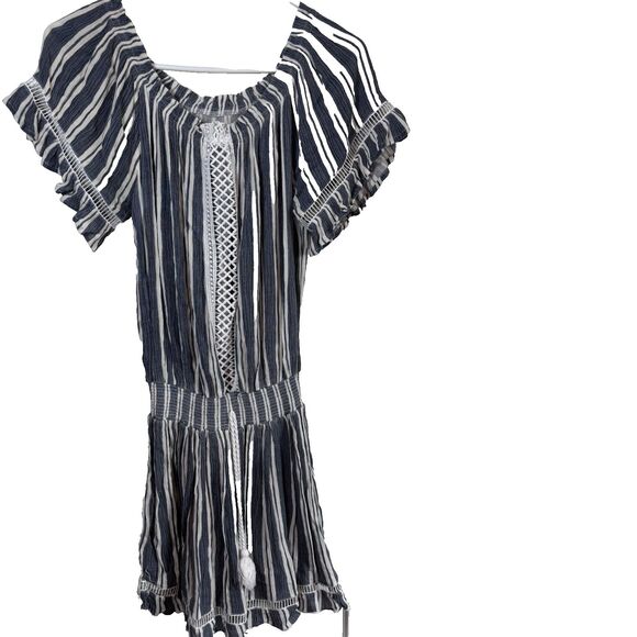 Ocean Drive Dress Mini Elastic Neck & Waist Lace Black & White Striped M - Picture 1 of 6